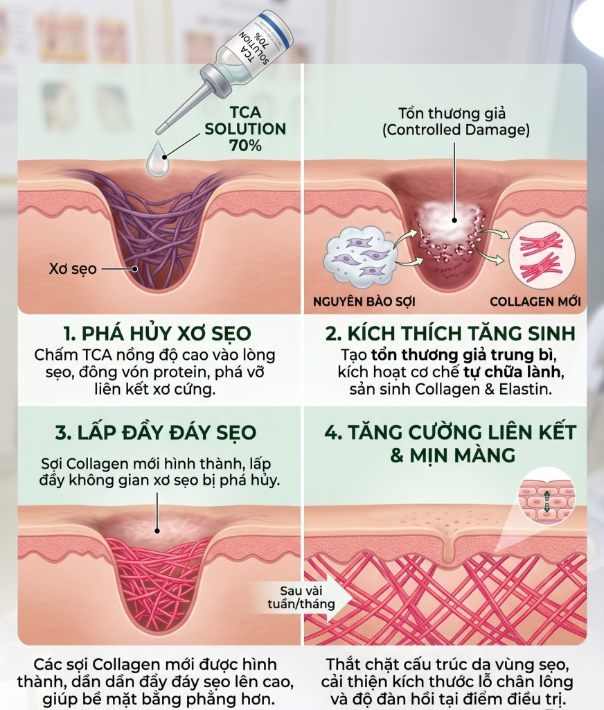 Mô phỏng cơ chế chữa lành "da sẹo" khi trị sẹo rỗ TCA Cross